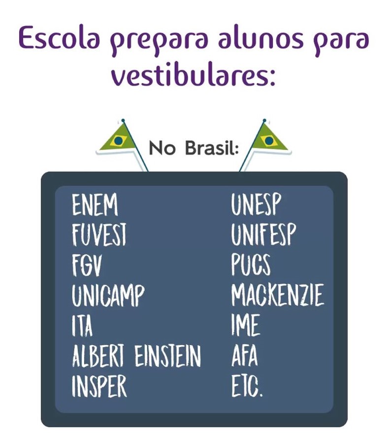 Escola prepara alunos para vestibulares: No Brasil: ENEM FUVEST FGV UNICAMP ITA ALBERT EINSTEIN INSPER UNESP UNIFESP PUCs MACKENZIE IME AFA ETC.