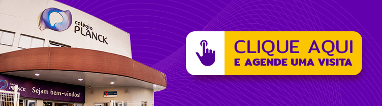 Banner do Colégio Planck com fachada da escola e botão roxo convidando o público a clicar e agendar uma visita.