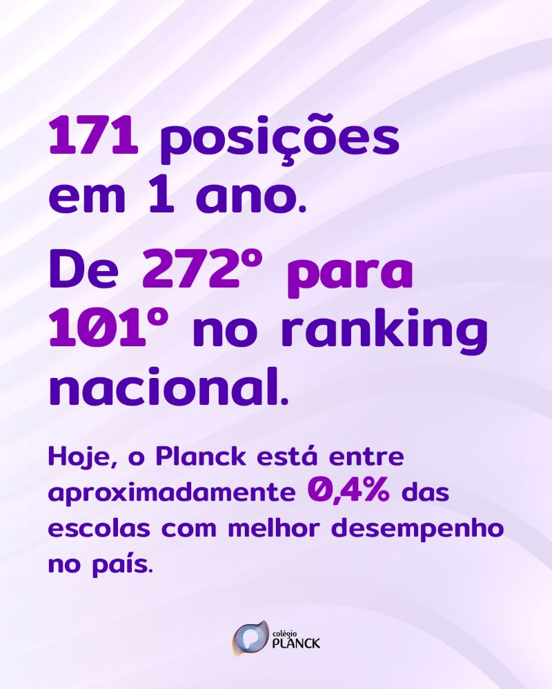 Ambiente interno do Colégio Planck com escadaria, área de convivência e identidade visual da instituição, representando crescimento, excelência acadêmica e destaque no Enem 2025.
