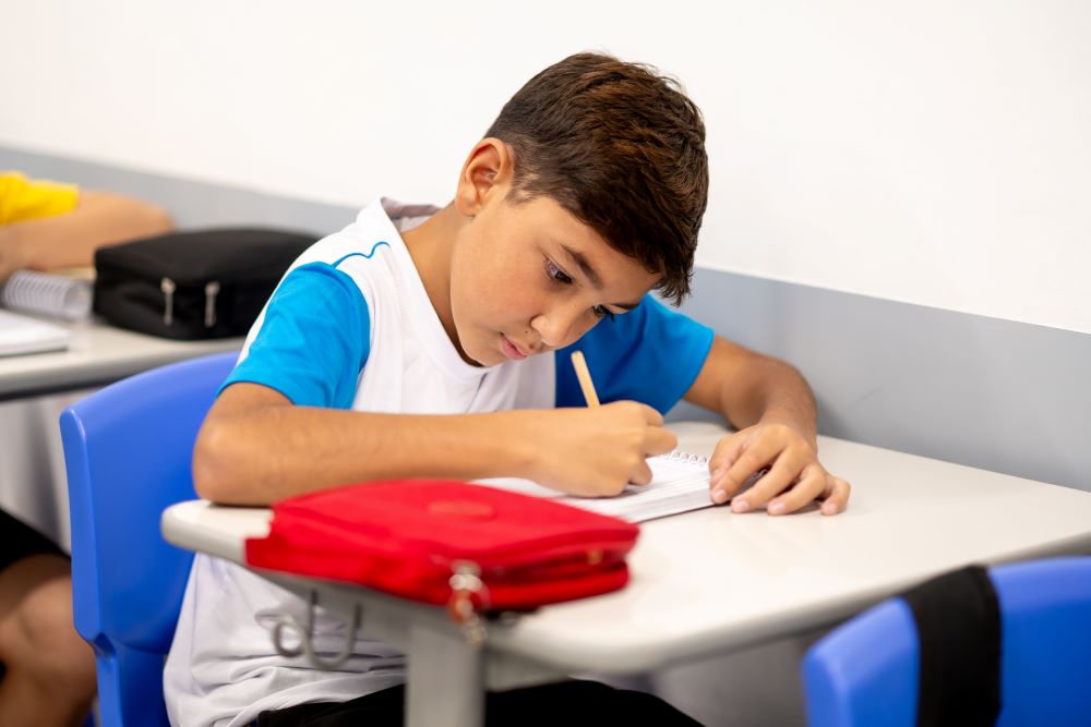 Estudante concentrado escreve em um caderno durante a aula, representando um processo de aprendizagem baseado em desafios, raciocínio e desenvolvimento do pensamento crítico.
